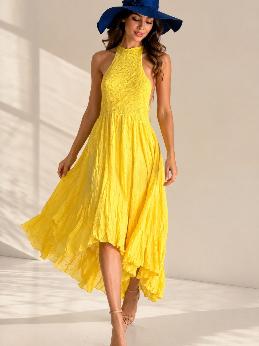 CHICME Yellow Halter Maxi Dress XL Smocked Back